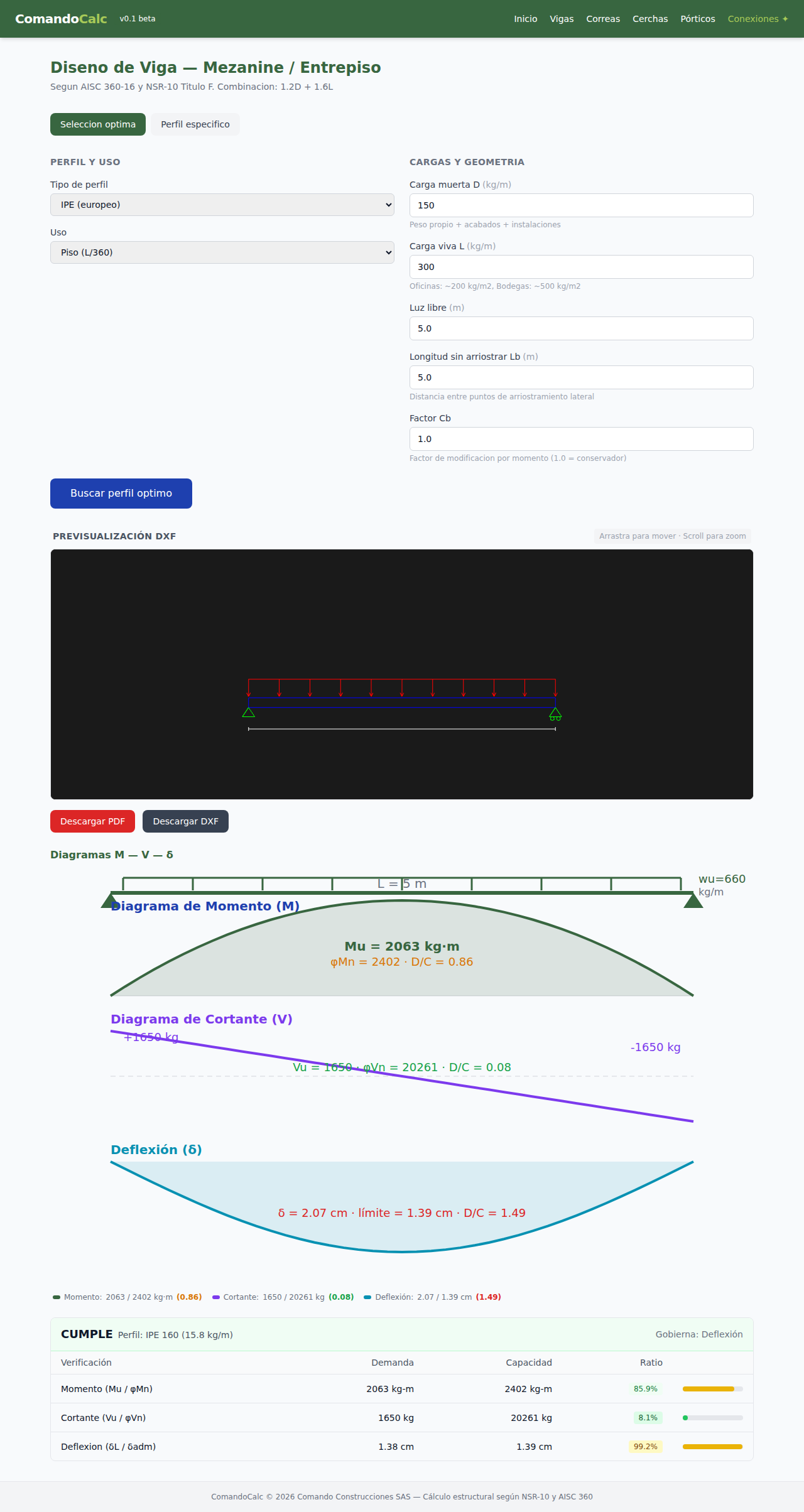 Módulo de diseño de vigas en ComandoCalc