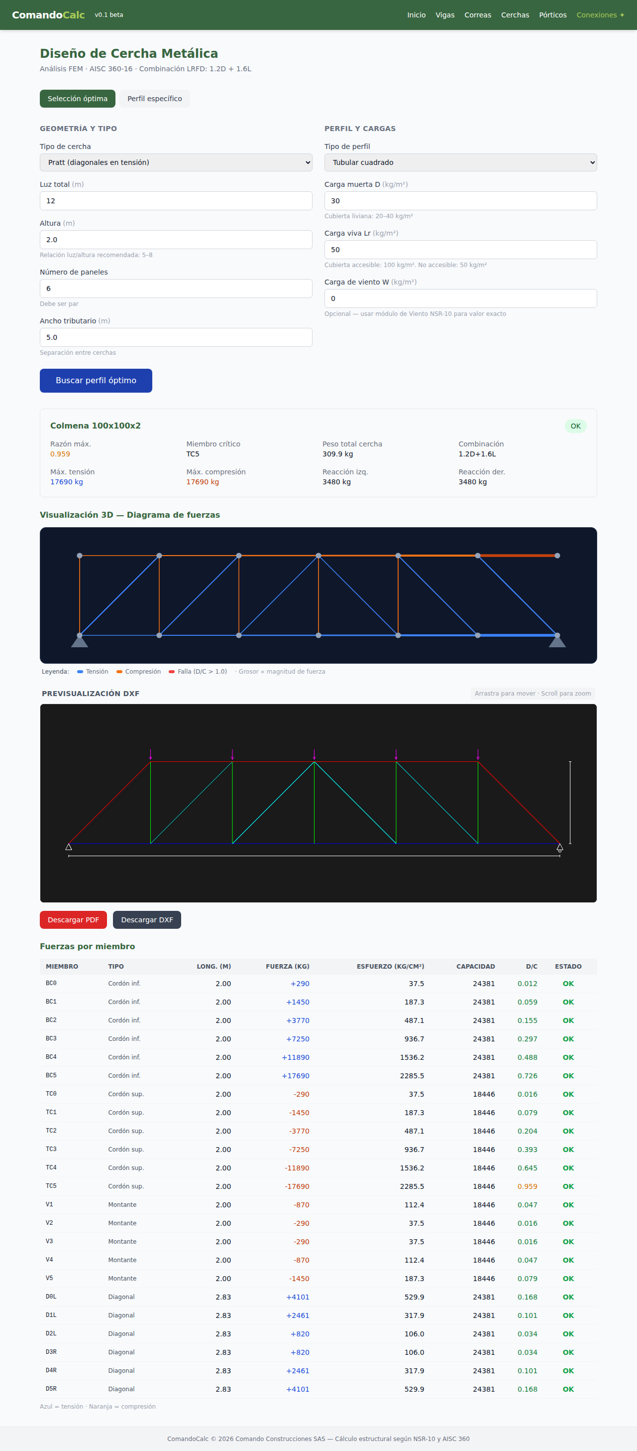 Módulo de cerchas metálicas en ComandoCalc