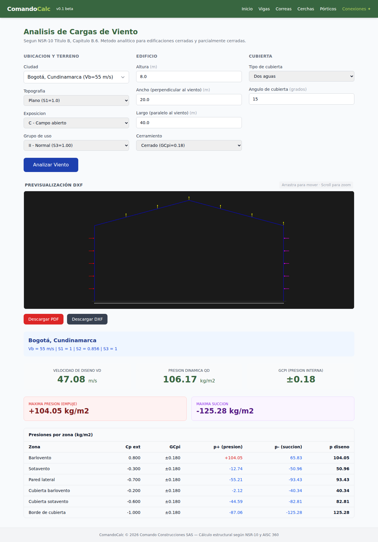 Módulo de cargas de viento en ComandoCalc
